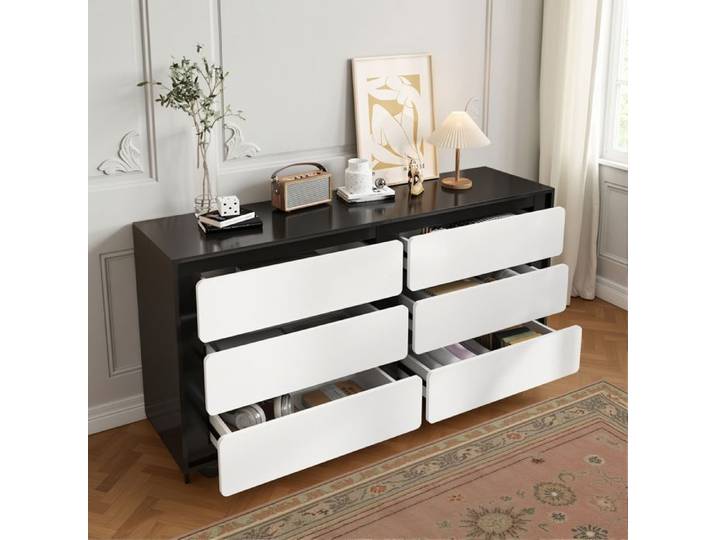 Commode - Novélys - 140cm - 6 Tiroirs Arrondis au Design Graphique - Pieds Sphériques - Noir & Blanc