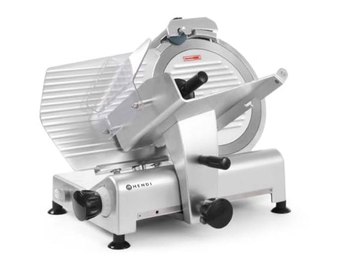 HENDI Aufschnittmaschine, Profi Line 300, Messerdurchmesser: 300mm, Allesschneider, Stufenlos einstellbare Schnittstärke (0-14mm), 220-230V/420W, 602x573x(H)456mm, Aluminium, Edelstahl