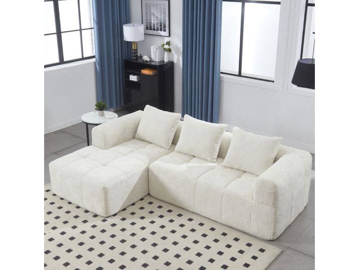 Canapé d'Angle 3 Places Beige Chenille Méridienne Modulable Sans Montage
