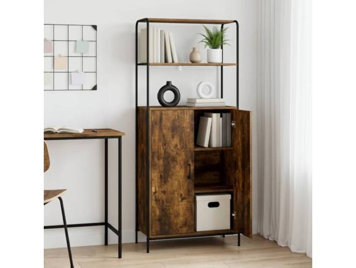 Favemtsl Highboard Schrank Raeuchereiche 65x33x161 cm Stahlrahmen Vielseitiger Mehrzweckschrank fuer Wohnzimmer oder Flur mit stabilen Stahlbeinen und 90-Grad-Tueren fuer bequemen Zugang.