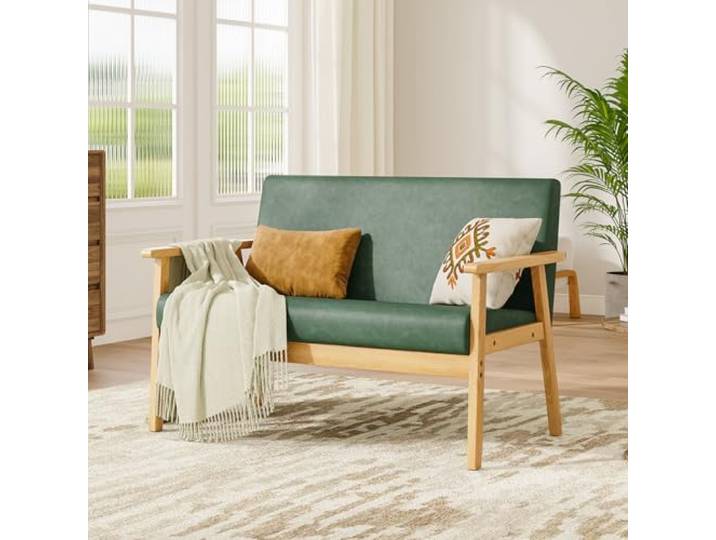 Dripex Sofa 2 Sitzer, Couch Modern und Skandinavisch, Loungesofa aus Holz und Kunstleder, Polstersofa Sitzmöbel für Wohnzimmer Schlafzimmer Büro, Dunkelgrün, 107x60x77cm