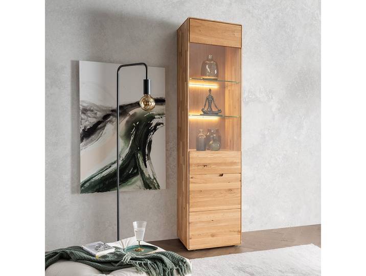 Lomadox Vitrine WISLA-69 Eiche massiv, 51 cm, LED Beleuchtung, Softclose, montiert