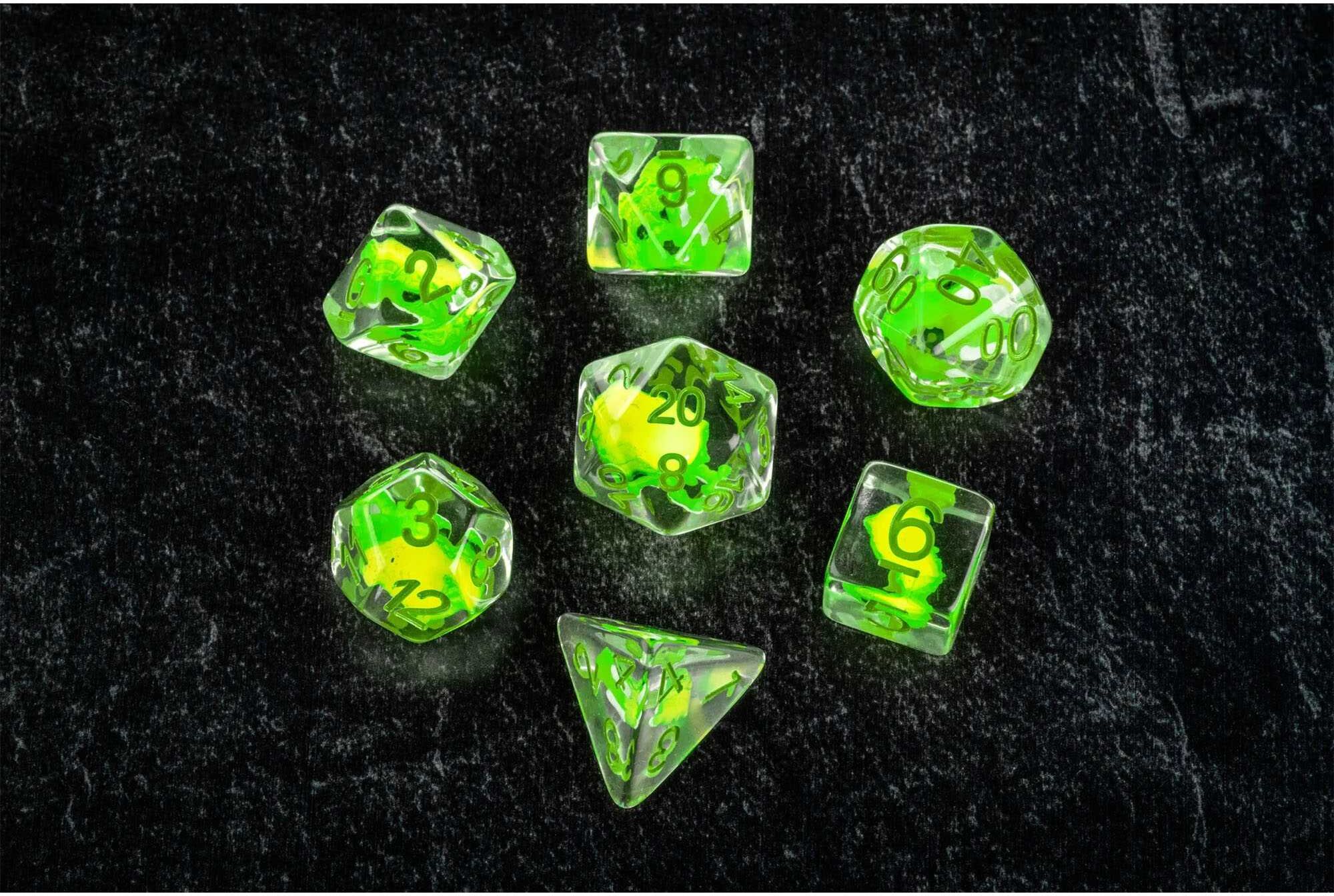 FanRoll Dragon Storm Inclusion Resin Dice Set: Green Dragon by Metallic Dice Games, 7 Polyhedral Dice, 16 mm, Tabletop Gaming, Role-Playing Games