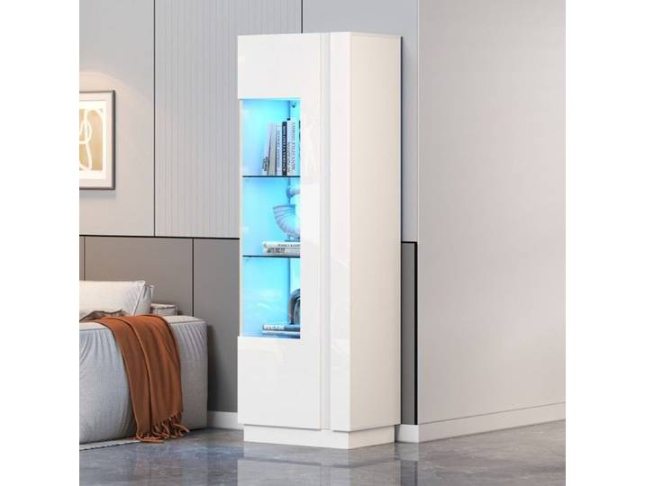 Vitrine Armoire blanche brillante 60x40x180cm vitrine acrylique LED 3 étagères verre meuble rangement haut buffet canapé