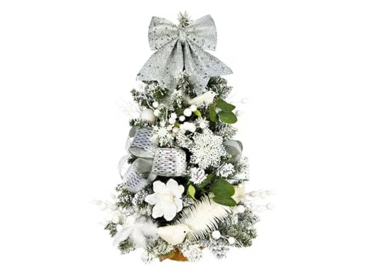 LAALU Künstlicher Weihnachtsbaum 60 cm mit LED-Beleuchtung – WEISSEMELODIE – mit 29 Weihnachtsbaumschmuck – Pflanztopf mit Jutesack