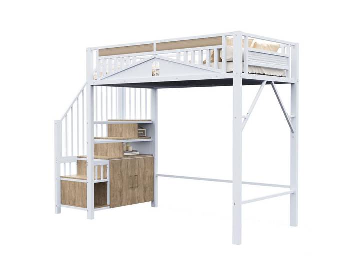 Modenvie Hochbett 90/200 cm aus Metall und Holz mit Stauraumtreppe und Sicherheitszaun Weiß, 90x200 cm, Babymöbel & Kindermöbel, Kinderzimmer & Jugendzimmer, Kinderbetten, Hochbetten