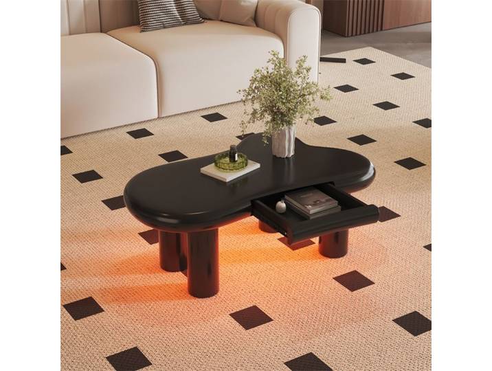 Table Basse Noire Table Basse Salon en Forme de Nuage en MDF avec éclairage LED 16 Couleurs et Tiroir Espace de Rangement