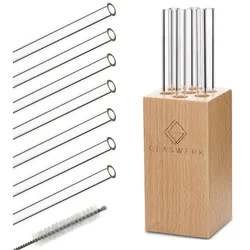 Klarstein Glaswerk Frezzeria Glasstrohhalme 7 Stück 0,8 x 15 cm (ØxH) Holzhalterung Bürste Klarglas