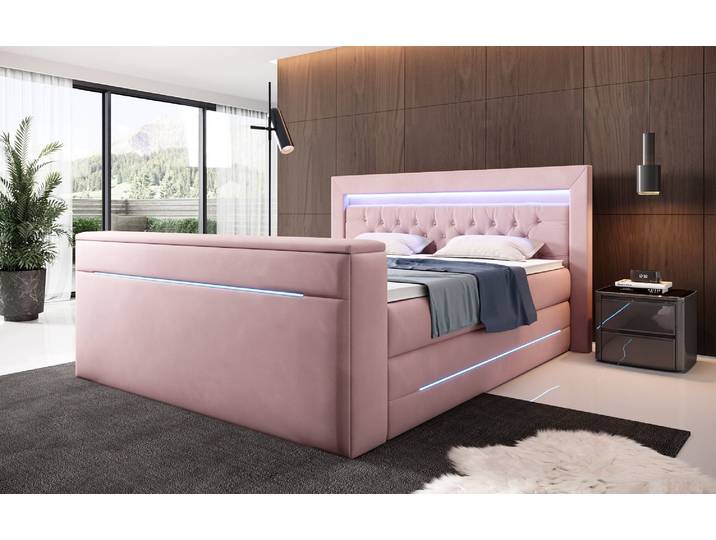 Boxspringbett Pluto mit TV Lift, RGB und Stauraum - 200x200 - Blush - H4 (100kg+) - Luxusbetten24