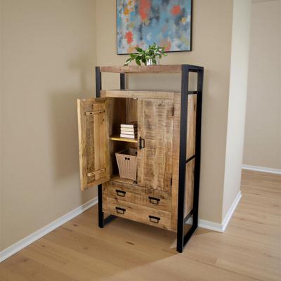 RRI Goods "63"" Industrial Storage Cabinet Solid Mango Wood and Iron Frame with Two Drawers"