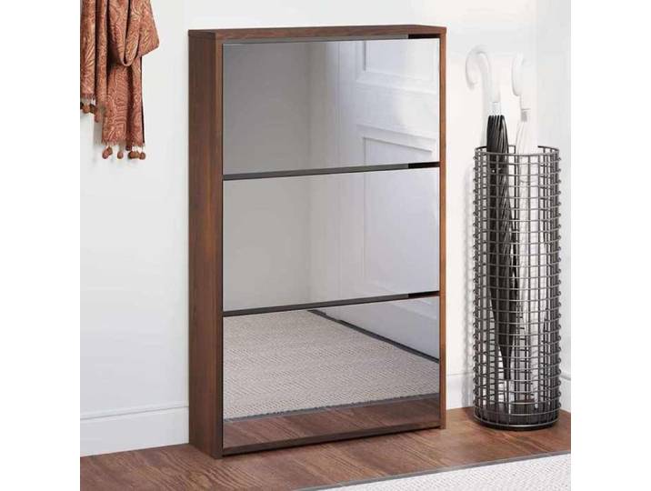 Moderne Armoire à chaussures miroir 3niveaux - Chêne marron - 63x17x102 5cm - Meuble d Entrée Couloir @FR 2163