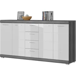 SIDEBOARD weiß Hochglanz und Rauchsilber grau 165 cm, Anrichte 4-türig, 4 Schubladen