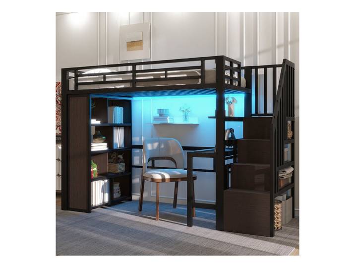 Ulife Hochbett Eisenrahmen, mit Schreibtisch, Ablagefach, LED-Lichtleiste (4-St) Treppenkonstruktionen mit Stauraum