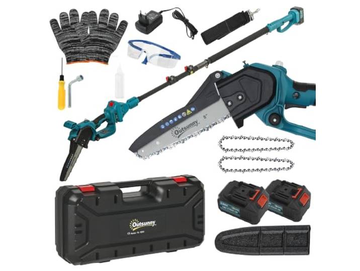 Outsunny Mini Tronçonneuse à Batterie 8 Pouces 6000mAh 580W Bleu Élagueuse Sans Fil\, Branches Jardin\, 2 Batteries\, Perche Télescopique\, Verrouillage Sécurité