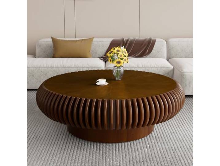JHKZUDG Runder, Geriffelter Couchtisch 100 cm Aus Holz, Walnut,39.37inch Moderner Runder Akzenttisch Im Mid-Century-Stil, Ideal Für Wohnzimmer, Kleine Räume Und Wohnungen, Einfache Montage