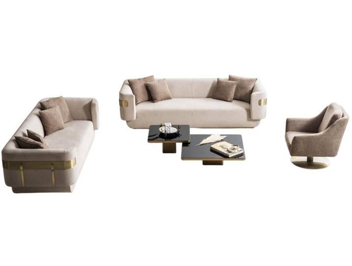 JVmoebel Polstergarnitur Beige Sofagarnitur mit Holzdetails und Goldelementen, (4-tlg)