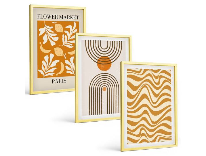 BILDER SET 3er Set - 40x60 cm Goldrahmen - Poster mit geometrischen Pflanzenmustern