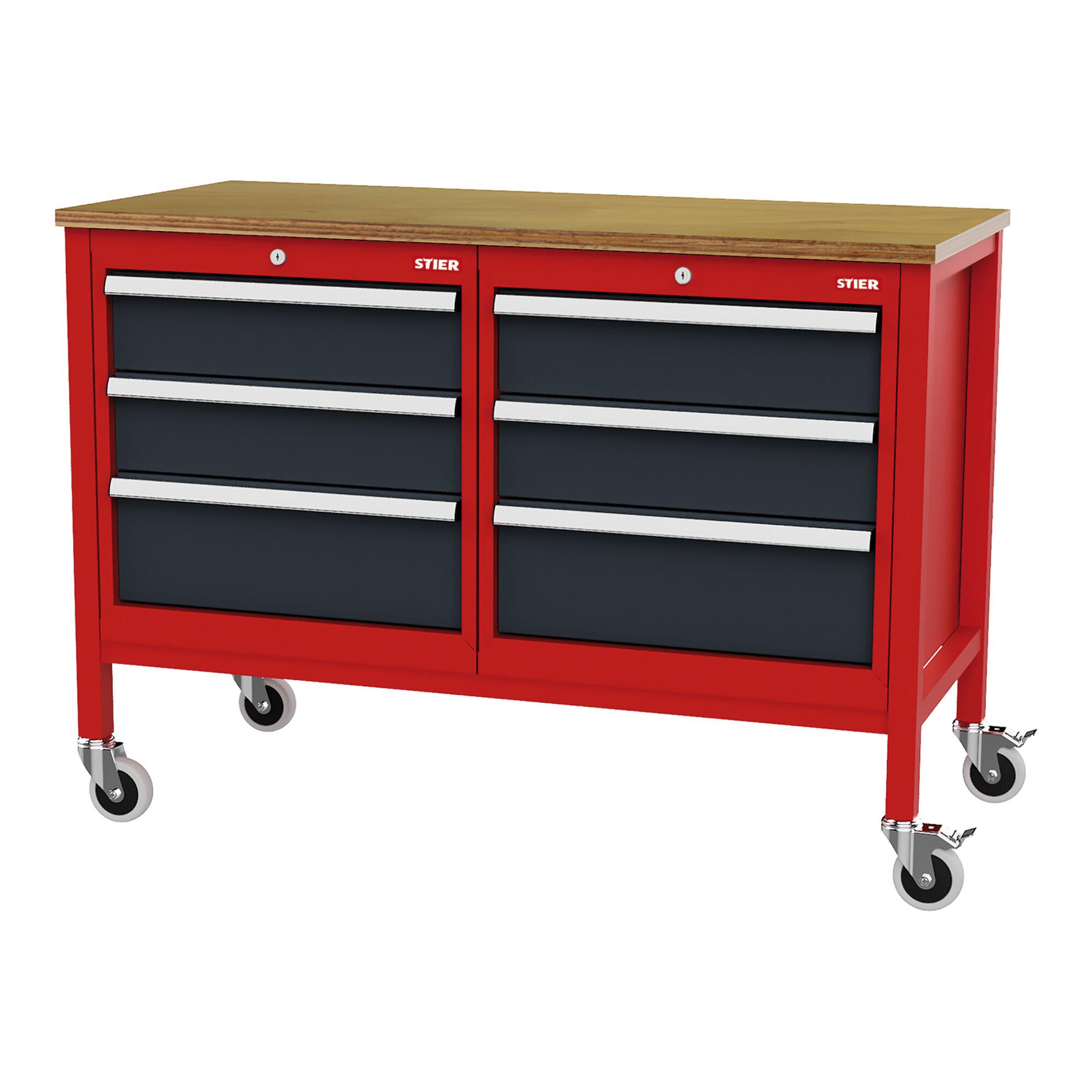 STIER Mobile Kastenwerkbank mit 6 Schubladen BxTxH 1300x600x960 mm RAL 3020 / RAL 7016 (904954)