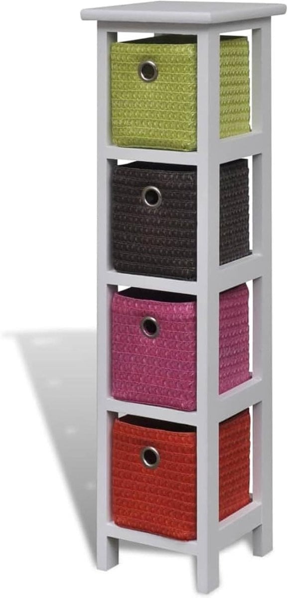 Houten opbergkast met 4 stoffen manden in multicolor