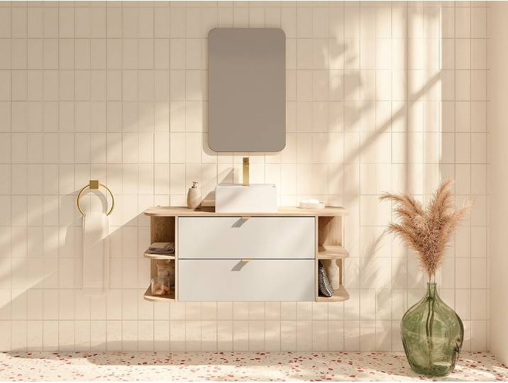 Hängender Badezimmerschrank mit Nischen und quadratischem Aufsatzwaschbecken - Beige und Naturfarben hell - 120 cm LAVENA