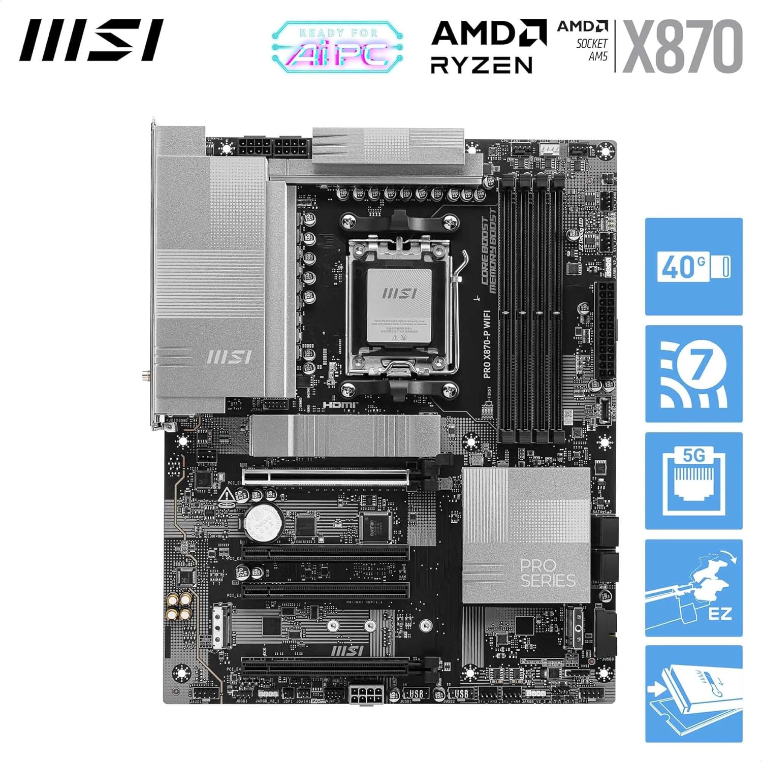 MSI PRO X870-P WIFI ATX Motherboard – AMD AM5, DDR5, PCIe 5.0, Wi-Fi 7, 5G LAN