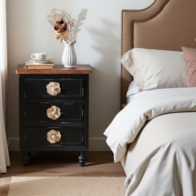 VIVIADORE Vintage Farmhouse Nightstand with 3 Drawers,with Floral Decorative Knobs and Gourd Legs