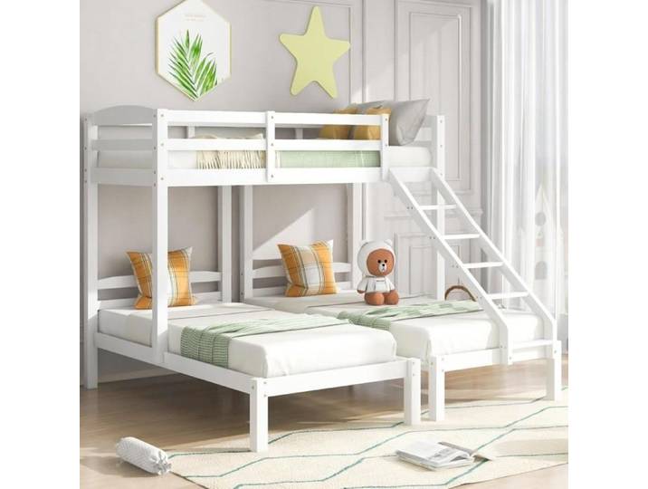 Lit superposé 90x200 cm triple Lit d'enfant Blanc
