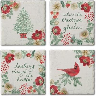 Thirstystone Holiday Traditions Assorted Tumbled Tile Stone Coasters with Cork Backing Manufactured in The USA 4-Pack
