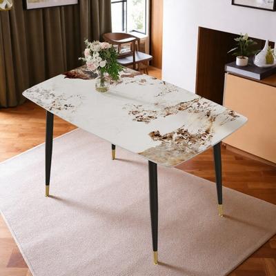 ZWYO HOSIMU "50"" Modern Rectangular Dining Table, White Patterned Sintered Stone Kitchen Table with Metal Legs"