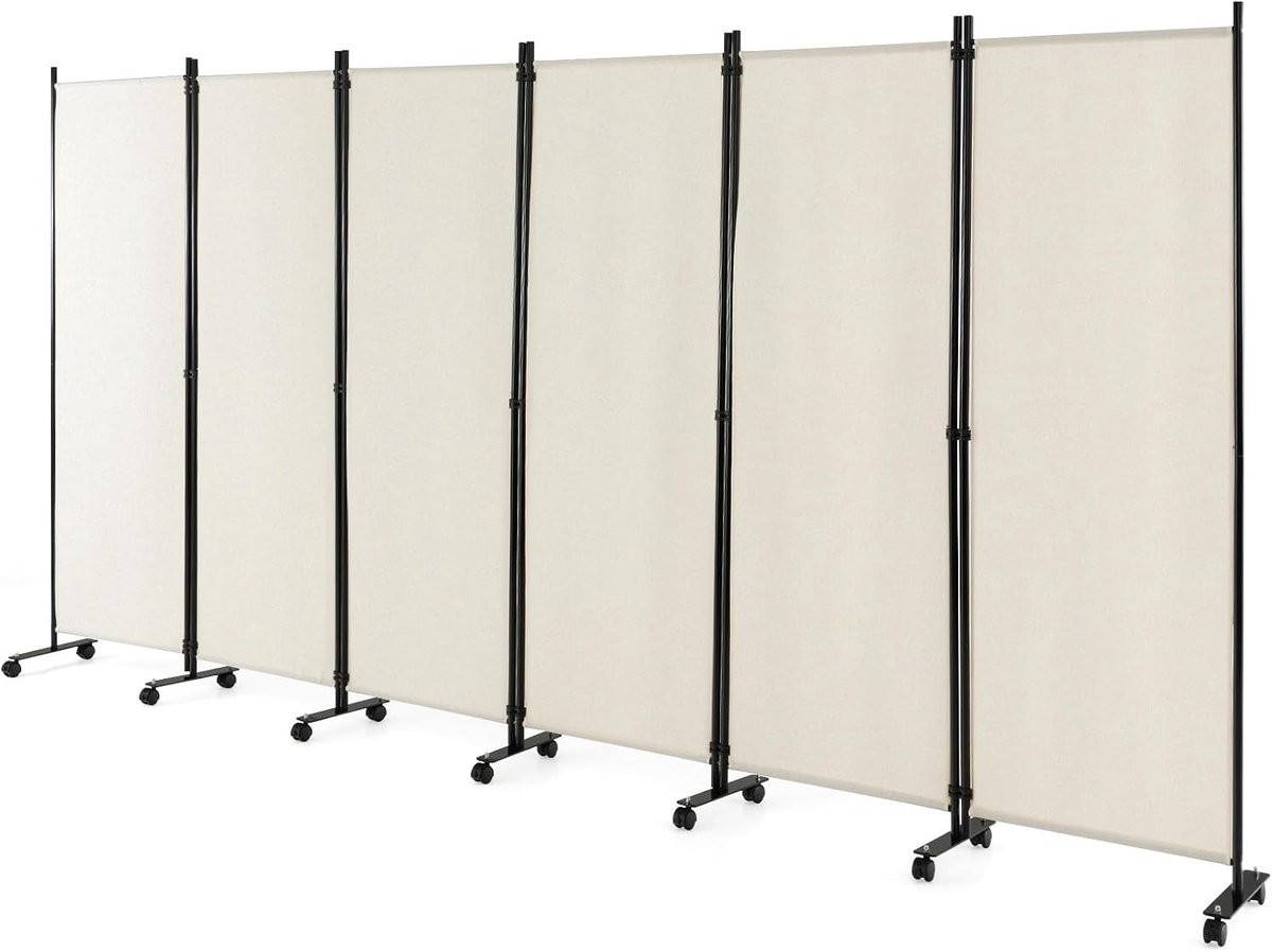 Vouwbaar Scherm Beige Room Divider met 14 Vergrendelbare Wielen B/D/H: 335 x 172 cm