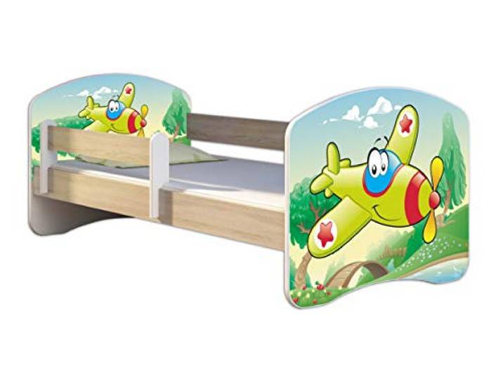 ACMA Kinderbett 160x80 Jugendbett mit Matratze, Farbe Sonoma mit Rausfallschutz Lattenrost II Spielbett Kinderzimmer Möbel, 29 Flugzeug