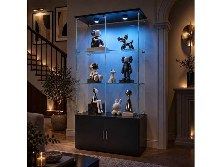 Simurq Glasvitrine mit Beleuchtung,Standvitrine Glas Modern Vitrinenschrank mit Schlüssel (2 Packung, Vitrine Glas Stehend mit Schrank, Glas vitrine aus Gehärtetes Glas und Holz) Sammlervitrine mit Glastür Glasschrank für Wohnzimmer, Kuche, Figuren