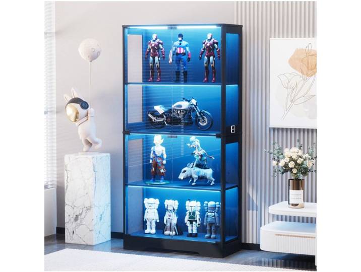 Vitrine en verre IVMEU 4 niveaux noire 80x35x165 cm avec LED portes vitrées MDF