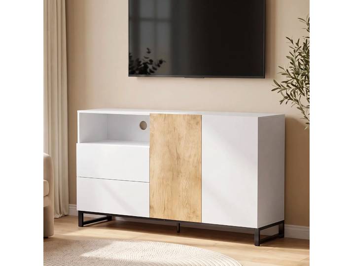 HOMCOM Buffet Rangement 2 Portes 2 Tiroirs Blanc Chêne Salon