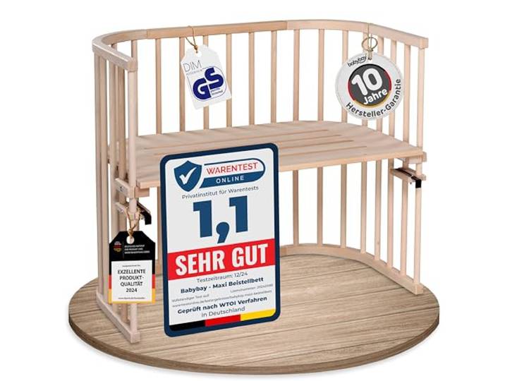 babybay Maxi Beistellbett, GS-geprüft, Natur unbehandelt Extra große Liegefläche, massive Buche, stufenlos höhenverstellbar, am Elternbett befestigt & mitwachsend