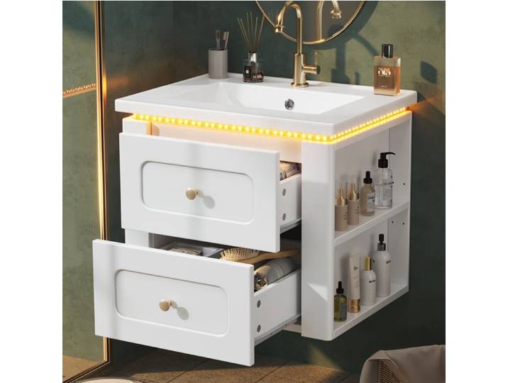 SENVIRO Meuble sous vasque mural 61 x 47 x 50 cm LED 2 tiroirs vasque en céramique blanc sans robinet