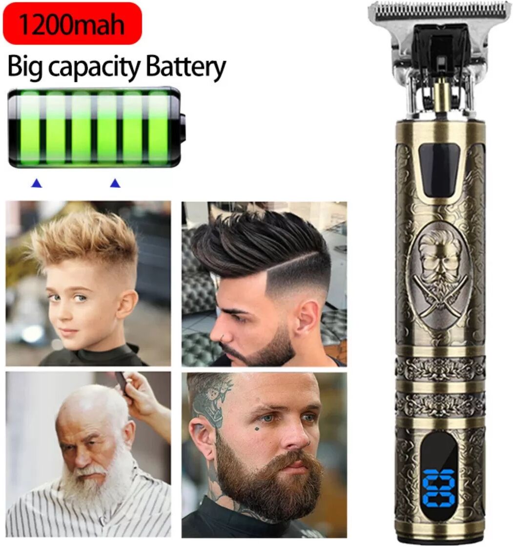 INF Herren Retro Pomade Elektrischer Haarschneider mit digitaler Totenkopf-LED-Anzeige, Titanklinge & Kupfermotor, Gold