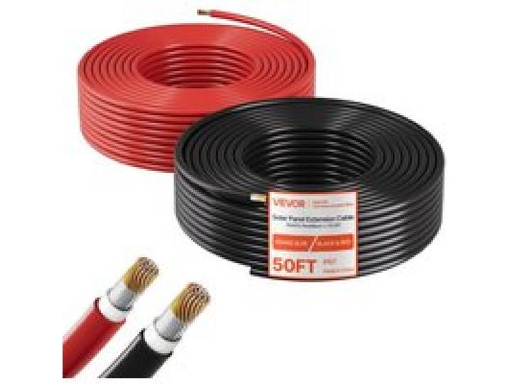 VEVOR Rallonge Panneau Solaire 6 mm² Câble d'Extension de Panneau Solaire 15,2 m Noir 15,2 m Rouge pour Systèmes Photovoltaïques Extérieurs, Camping-cars, Bateaux, Fil de Cuivre Étamé, Étanche IP67