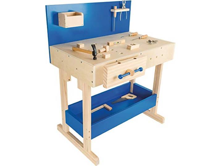 small foot Kinder Werkbank in Natur und Blau aus Holz, mit großer Arbeitsfläche und Werkzeug, ab 8 Jahren, 10839 Toys