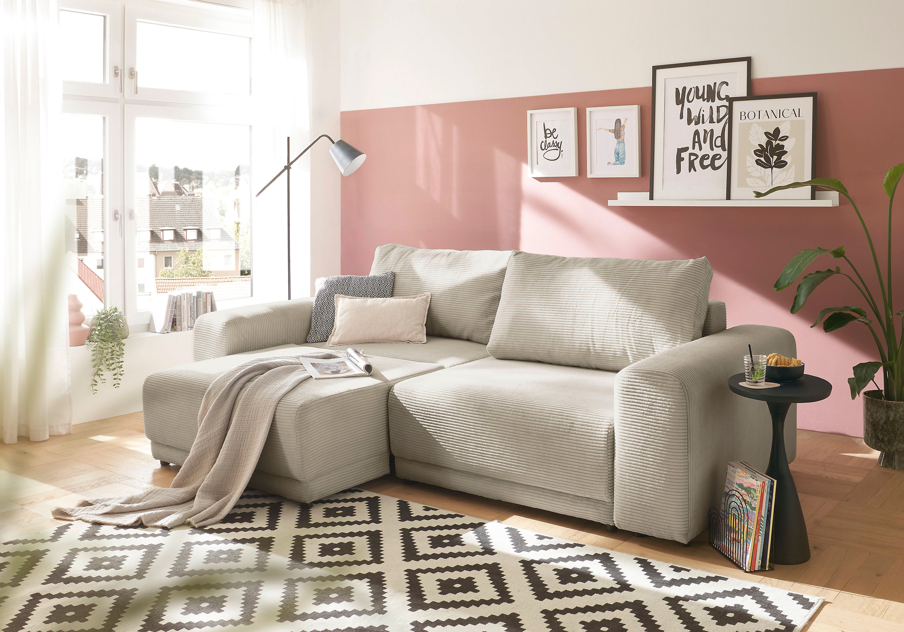 Schlafsofa GOODPRODUCT "PHEELIX Cord, mit 3 Funktionen", beige (hellbeige), B:252cm H:94cm T:118cm, Sofas, Schlafsofa, Elemente einzeln oder gleichzeitig ausziehbar, bequemer Sitzkomfort hellbeige B/H/T: 252cm x 94cm x 118cm, Cord