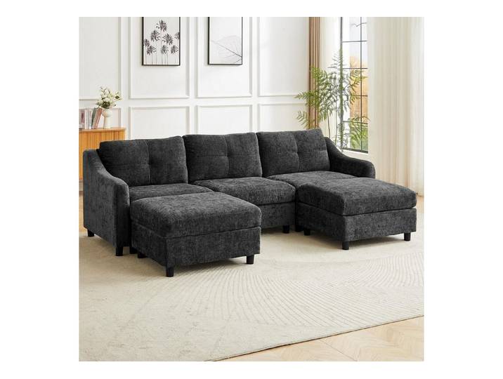 LuxusKollektion Ecksofa Ecksofa Schlaffunktion Schlafsofa L Form Grau 3 Sitze +2 Hocker