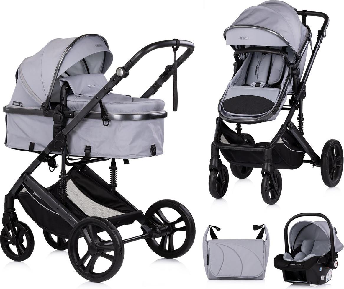 Chipolino Kinderwagen 3 in 1 Amore Babyschale Adapter Wickeltasche Fußabdeckung hellgrau