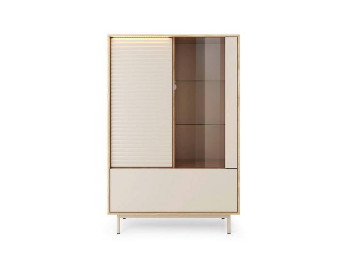 Milino Vitrine, Eiche, Kaschmir, Metall, Eiche, teilmassiv, 4 Fächer, warmweiß, 100.1x152.1x40 cm, Frontbeleuchtung, Wohnzimmer, Wohnwände, Vitrinenschränke