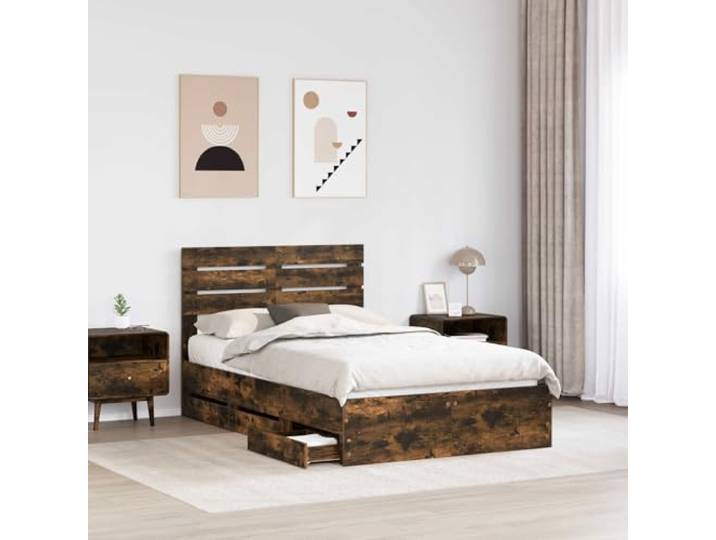 SKTQYQO Bettgestell mit Schublade, Eichengrau, 135 x 190 cm Technisches Holz, 6 versteckte Schubladen, feste Latten, selbsttragend, einfache Reinigung