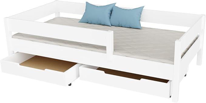Kinderbett 180x90 cm mit Schublade Rausfallschutz Weiß | Massivholzrahmen I Belastbarkeit bis 150 kg I Sicherheitsgeländer beidseitig montierbar I Für Kinder ab 1,5 Jahren