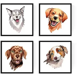 POSTER Set mit 4 Hundebildern 20x20cm Schwarzer Rahmen