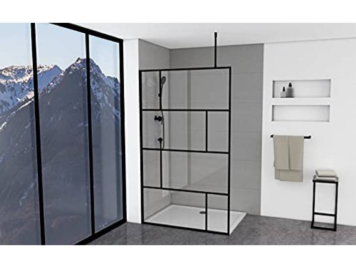 MARWELL Bricks inloopbare glazen douche met zeefdruk van bakstenen 120 x 195 cm - douchewand met mat zwart wandprofiel - 5 mm gehard veiligheidsglas - barrièrevrije opbouw