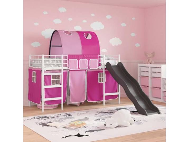 KTHLBRH Bett Loft für Kinder, Weiß und Rosa, 100 x 190 cm Bogendesign, Vorhänge inklusive, robuste Struktur, Spiel- und Ruheplatz