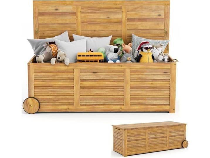GOPLUS Coffre de Jardin 182L Roulant-Coffre de Rangement en Bois d'Acacia à 2 Roues-Poignée Latérale-Housse Imperméable