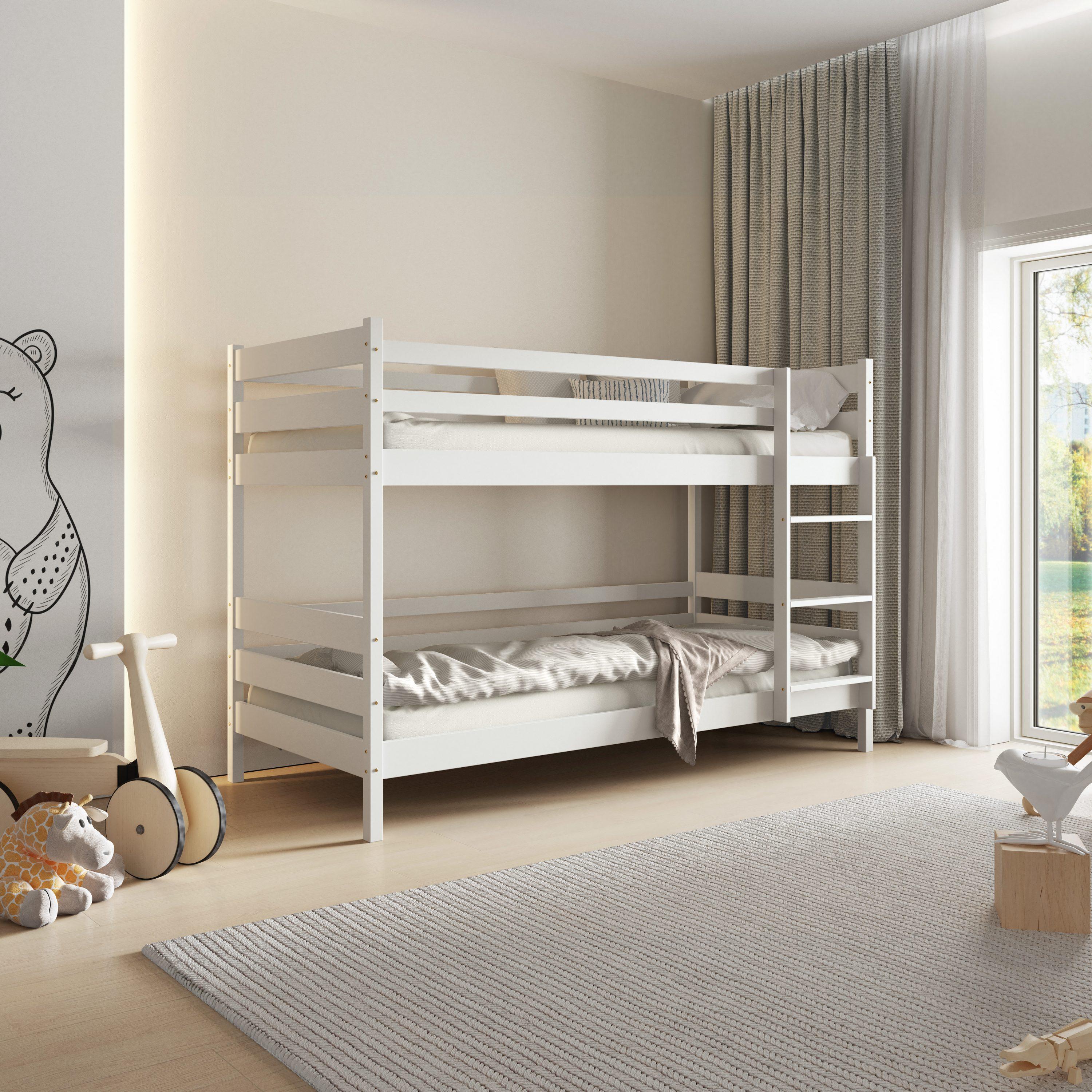 Masseno Etagenbett SIMBA 80x190 cm mit Rausfallschutz, Kinderbett mit Leiter für Mädchen und Jungs, Stockbett 2 Kinder, Holz, Weiß